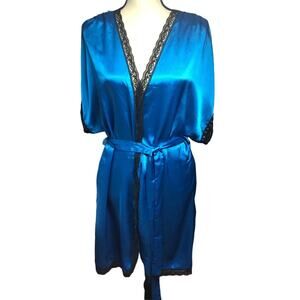 Lily of France vintage blue satin silky black lace robe large